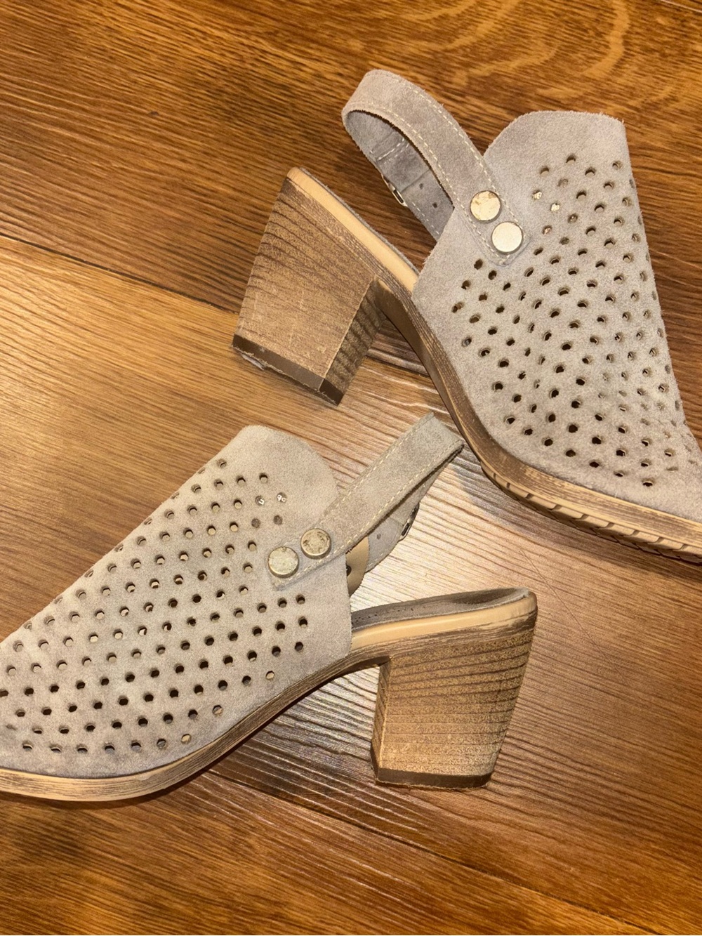 Perforated Taupe Suede Block Heel Slingback Mules